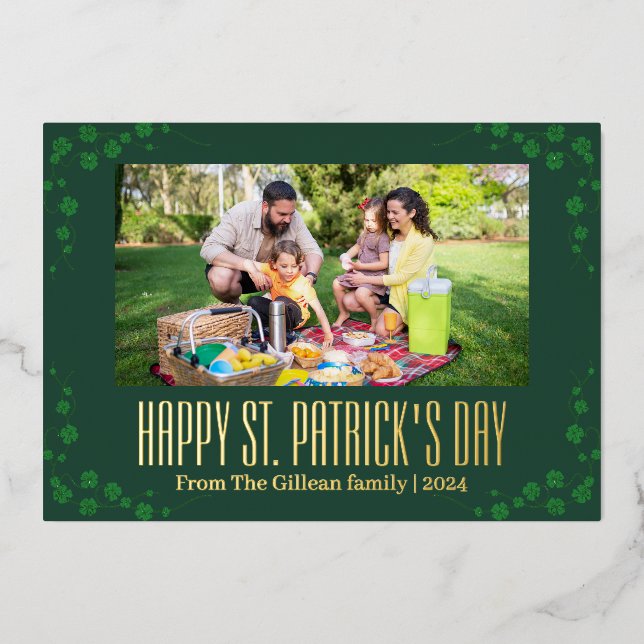 Happy St. patrick's day Shamrocks family photo   Foil Holiday Card (Front)