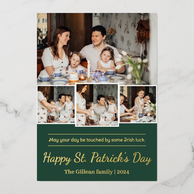 Happy St. patrick's day Shamrocks family photo Foil Holiday Card (Front)