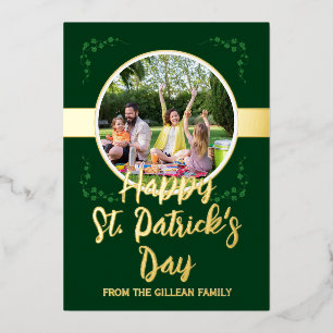 Happy St patricks day Shamrocks family photo Foil Holiday Card