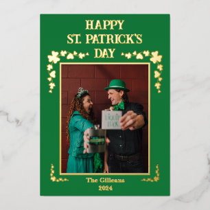 Happy St patricks day Shamrocks Family Photo Foil Holiday Card