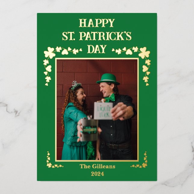 Happy St patricks day Shamrocks Family Photo Foil Holiday Card (Front)