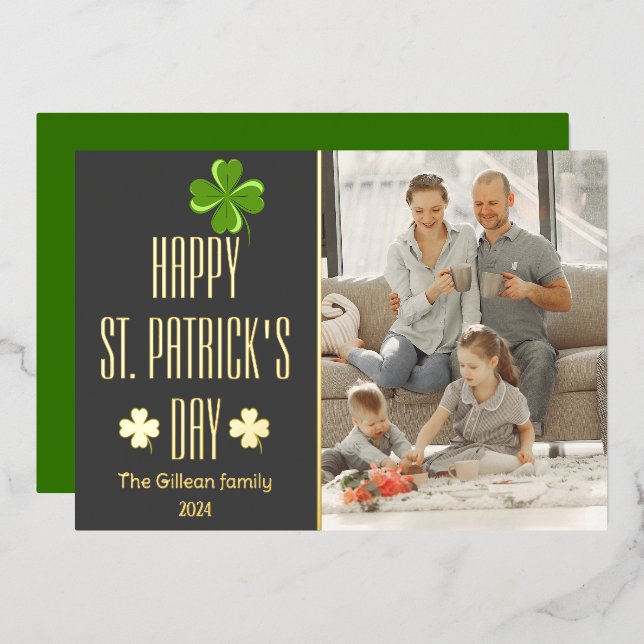 Happy St. patrick's day Shamrocks family photo  Foil Holiday Card (Front/Back)