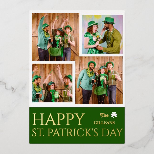 Happy St patricks day Shamrocks family photo Foil Holiday Card (Front)