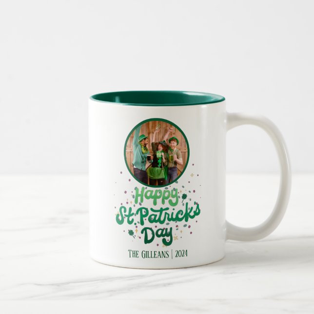 Happy St patricks day Shamrocks Family Photo Two-Tone Coffee Mug (Right)