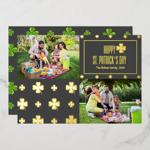 Happy St patricks day Shamrocks family Two photo Foil Holiday Card