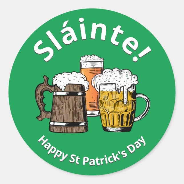 Happy St Patricks Day Sláinte Green Cartoon Beers Classic Round Sticker (Front)