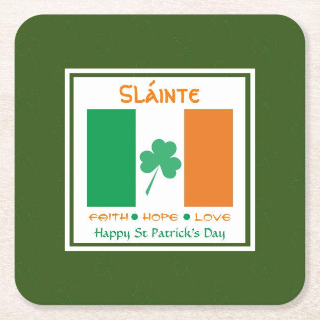 HAPPY ST PATRICK'S DAY Sláinte Shamrock Irish Square Paper Coaster (Front)