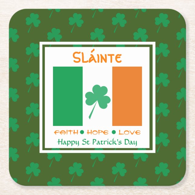 HAPPY ST PATRICK'S DAY Sláinte Square Paper Coaster (Front)
