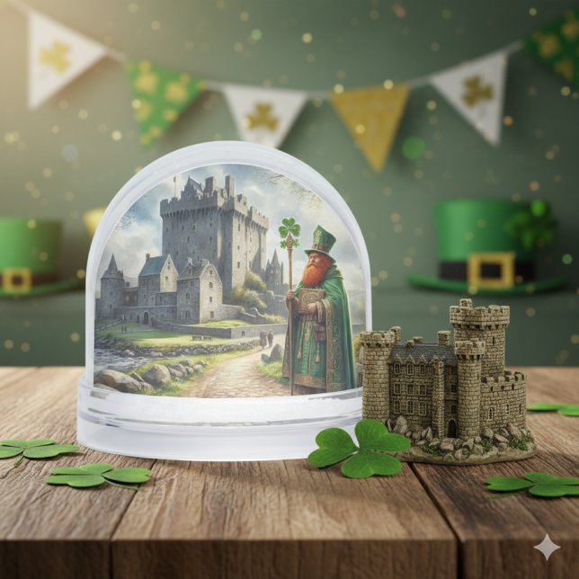 Happy St Patrick's Day  Snowglobe (St. Patrick’s Day snow globe mockup with Blarney Castle and shamrock on rustic wood table.)