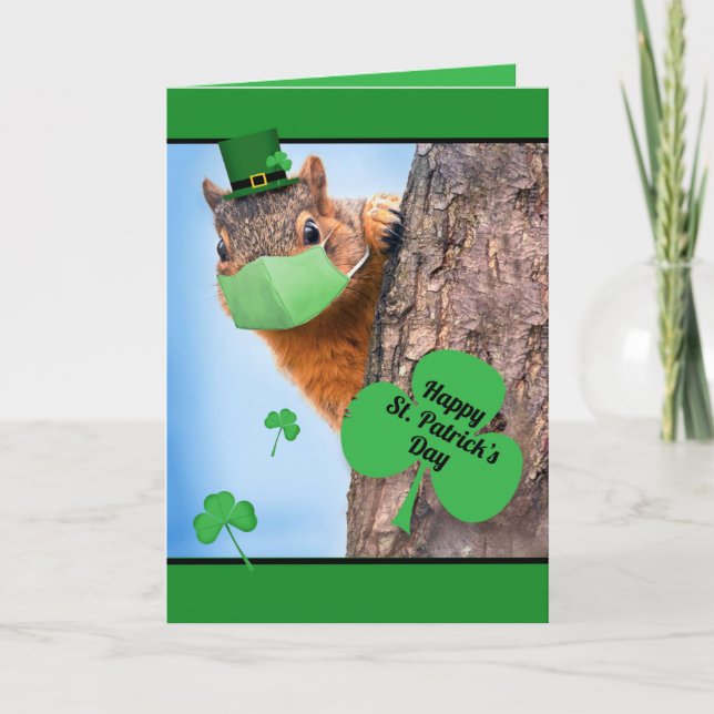 Happy St Patrick's Day Squirrel in Covid Face Mask Holiday Card (Front)
