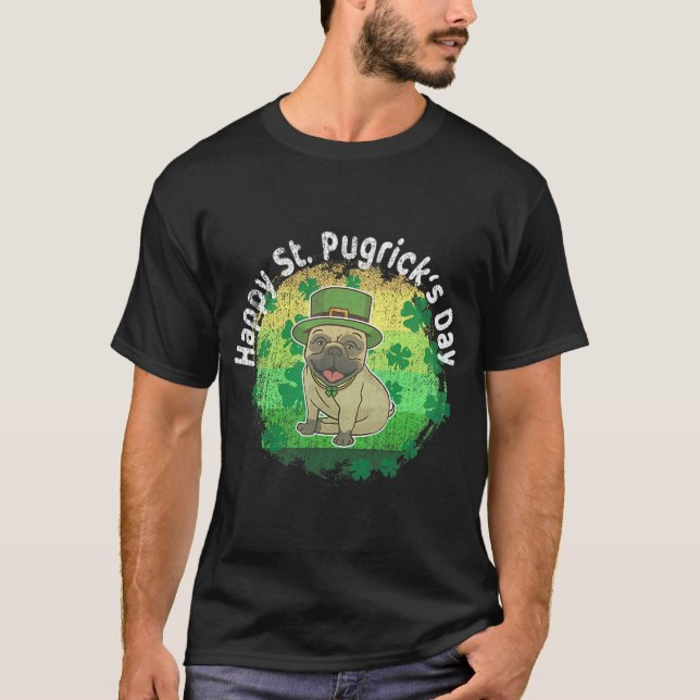 Happy St Patricks Day St Pugricks Pug Retro Sunset T-Shirt (Front)