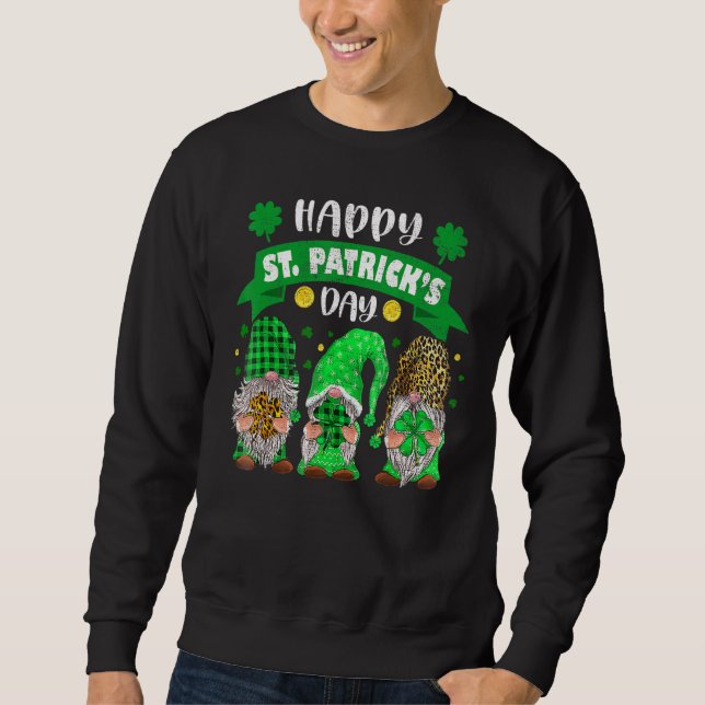 Happy St Patricks Day Three Gnome Shamrock Leopard Sweatshirt (Front)