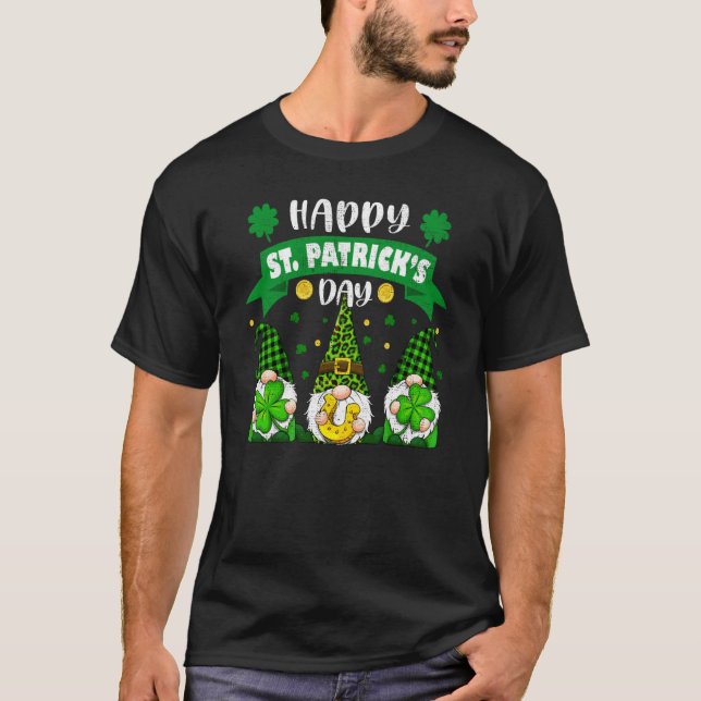 Happy St Patricks Day Three Gnome Shamrock Leopard T-Shirt (Front)