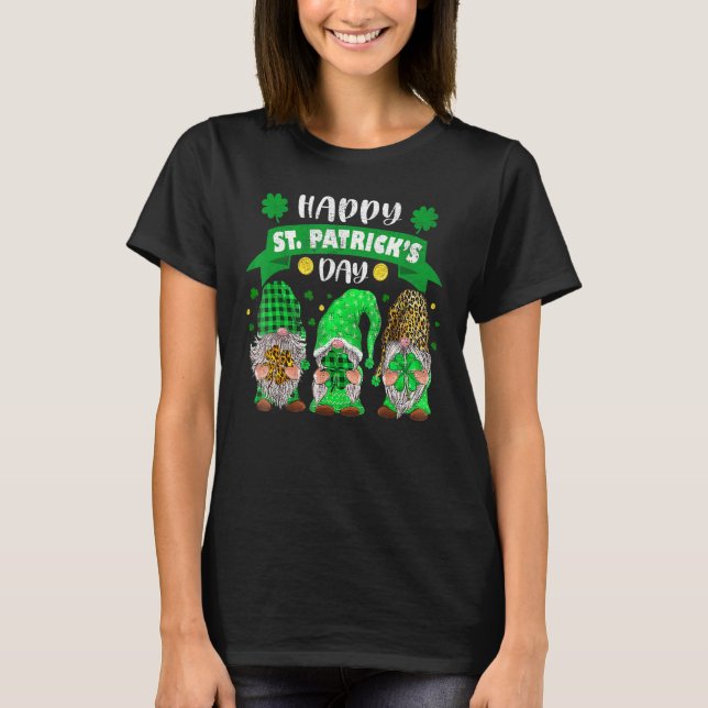 Happy St Patricks Day Three Gnome Shamrock Leopard T-Shirt (Front)
