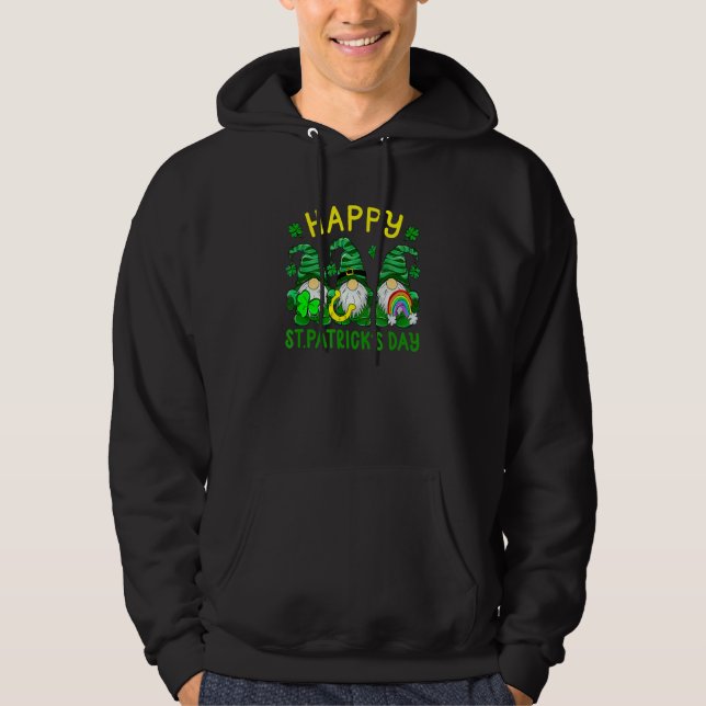 Happy St Patrick's Day Three Gnomes Holding Shamro Hoodie (Front)