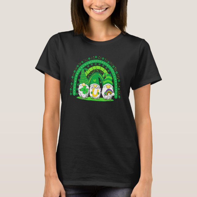 Happy St Patrick's Day Three Gnomes Shamrock Rainb T-Shirt (Front)