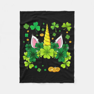Happy St Patricks Day Unicorn Face Irish Shamrock  Fleece Blanket