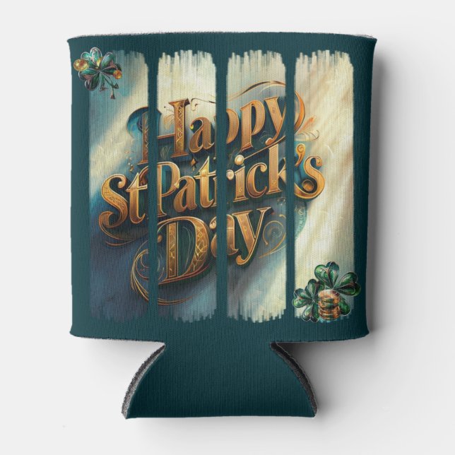 Happy St. Patrick's Day Vertical Brushstroke Can Cooler (Front)