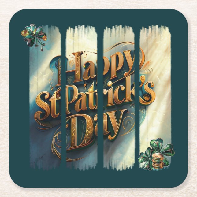 Happy St.Patrick's Day Vertical Brushstroke Square Paper Coaster (Front)