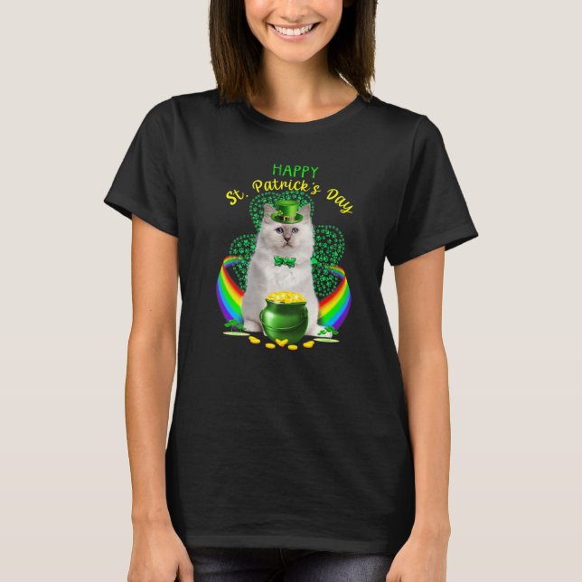Happy St Patricks Day White Cat Leprechaun Hat Sha T-Shirt (Front)