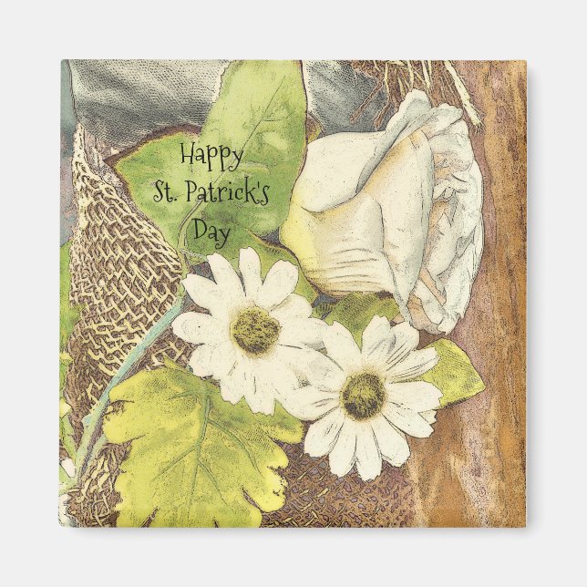Happy St. Patrick's Day White Flowers Magnet (Front)