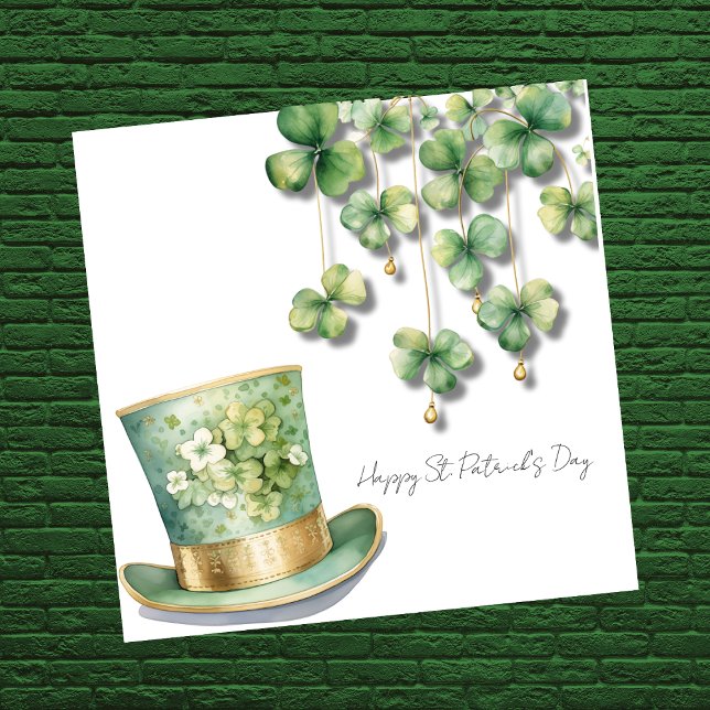 Happy St Patrick's Day with Clover Leprechaun Hat Holiday Card (Gold and green leprechaun hat and clover with gold teardrops on a St Patrick's Day greeting card.)