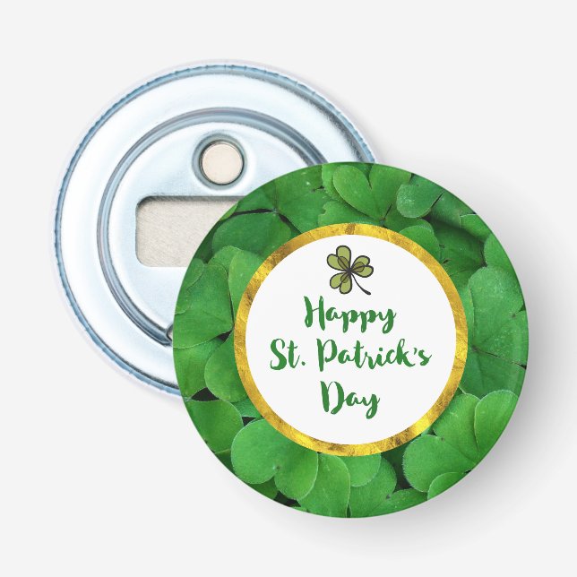 Happy St. Patrick's Day with Green Clovers Bottle Opener (Front)