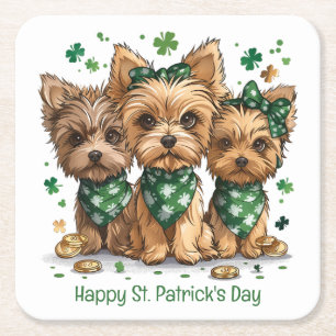Happy St. Patrick's Day Yorkshire Terrier Dogs Square Paper Coaster
