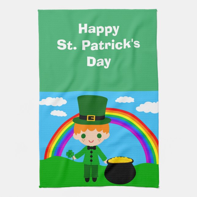 Happy St. Patrick's Day Young Leprechaun Tea Towel (Vertical)