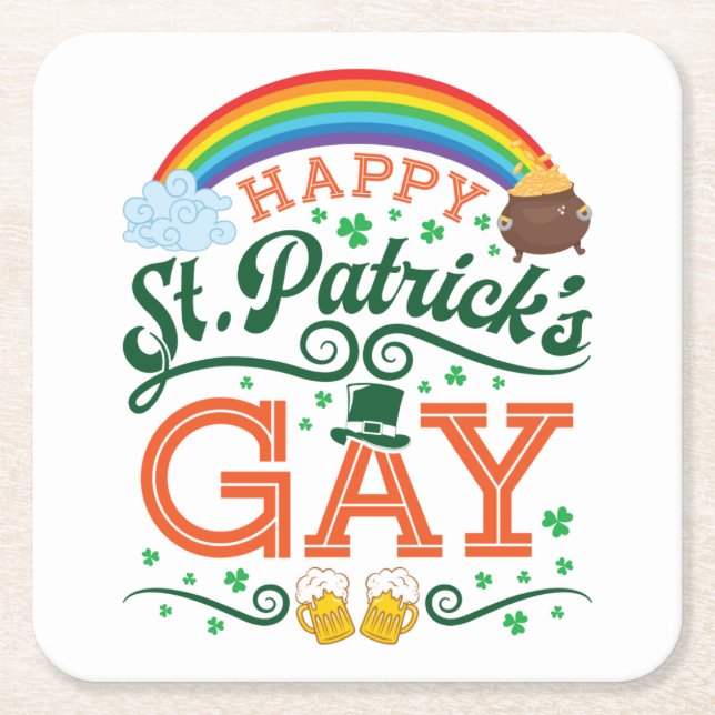 Happy St. Patricks Gay LGBTQ Pride Rainbow Square Paper Coaster (Front)