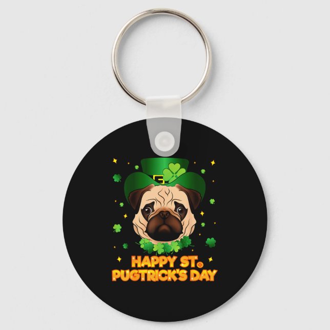 Happy St Patricks Pugtricks Day Irish Pug Leprecha Key Ring (Front)