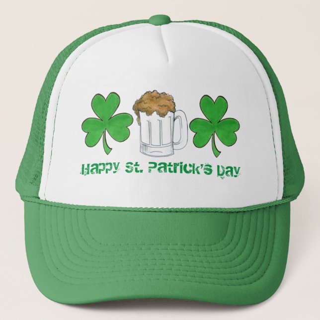 Happy St. Saint Patrick's Day Green Shamrock Beer Trucker Hat (Front)