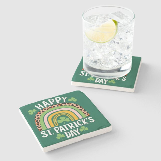 Happy St Saint Patrick's Day Rainbow Shamrock  Stone Coaster (Side)