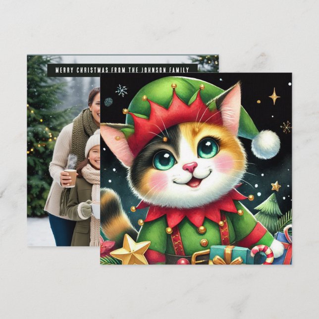 Happy Star Christmas Cute calico cat Elf Holiday Card (Front/Back)