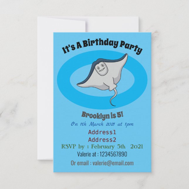 Happy stingray fish cartoon illustration invitation (Front)