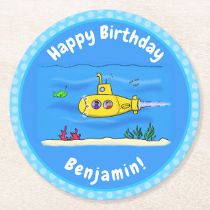 Happy submarine cartoon round paper coaster