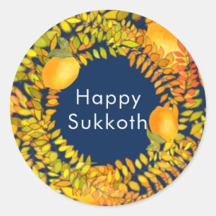 Happy Sukkot  emons and leaves wreath blue Classic Round Sticker