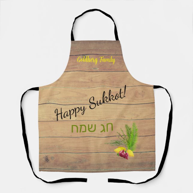 Happy Sukkot Etrog Lulav Rustic Wood Apron (Front)