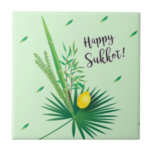 Happy Sukkot Lulav and Etrog Watercolor Pattern Ceramic Tile