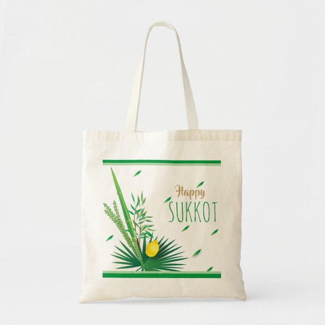 Happy Sukkot Lulav and Etrog Watercolor Pattern Tote Bag (Front)