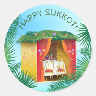 Happy Sukkot Sukkah Lulav and Etrog Watercolor Classic Round Sticker