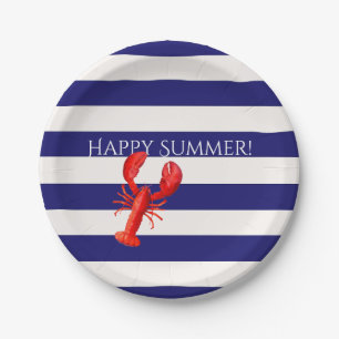 Happy summer  blue white stripes red lobster paper plate