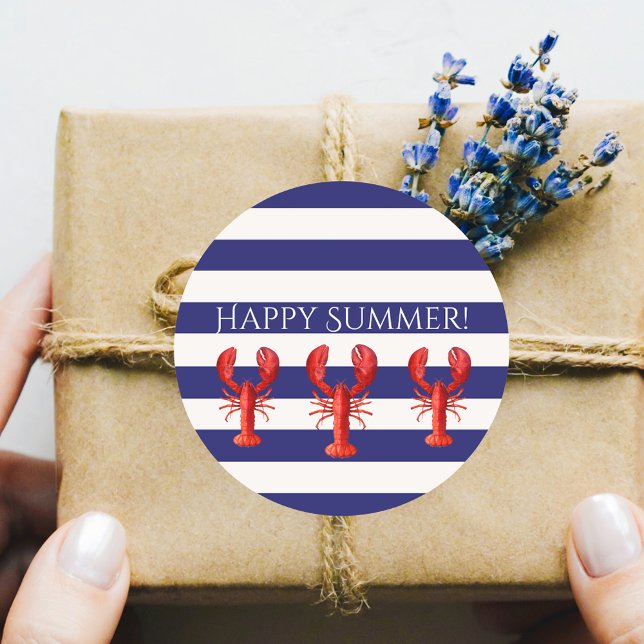Happy Summer blue white stripes red lobsters Classic Round Sticker (Creator Uploaded)