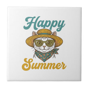Happy Summer Cat Vintage Engraving Shirt Design_1 Ceramic Tile