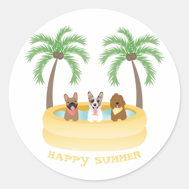 Happy Summer Dogs Swimming Pool Classic Round Sticker (Front)