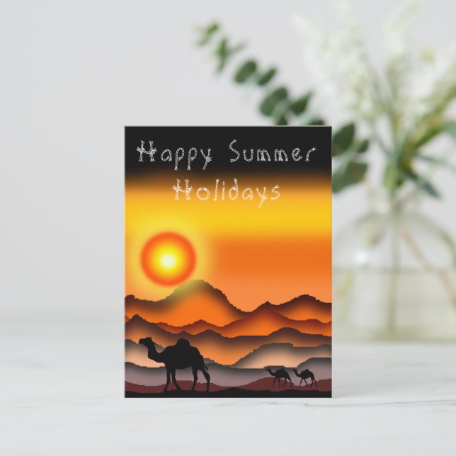 Happy Summer Holidays Card Camels At Sunset Desert (Standing Front)
