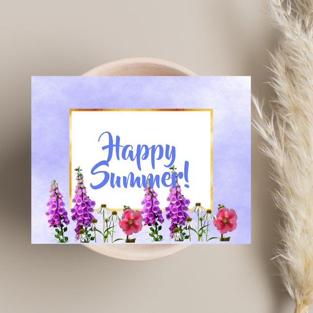 Happy Summer pink flowers on white gold and blue Postcard (Creator Uploaded)