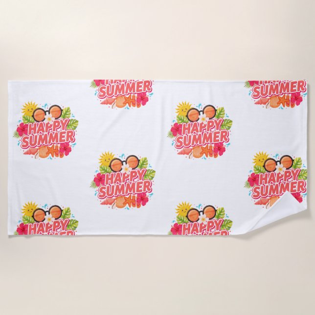 Happy Summer Sun & Seashells Colourful Beach Towel (Front)