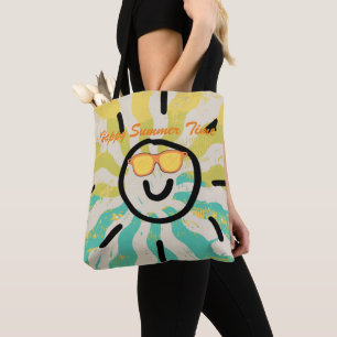 Happy summer time colourful pattern sun face cute tote bag