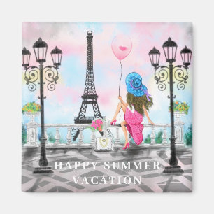 Happy Summer Vacation Woman In Paris Magnet Gift